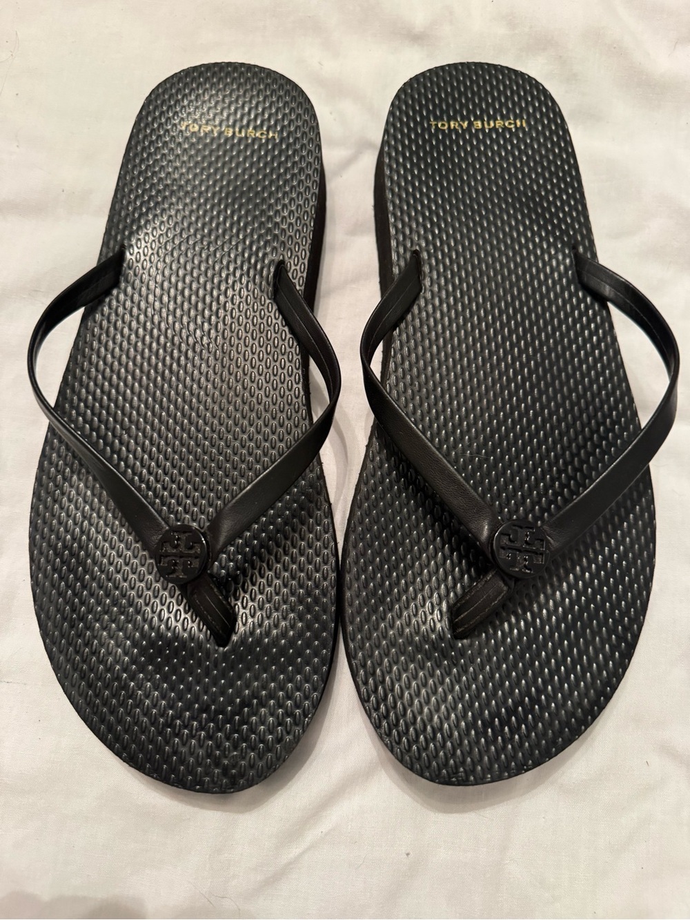 Tory Burch Black Platform Logo Flip Flop Sandals with leather straps